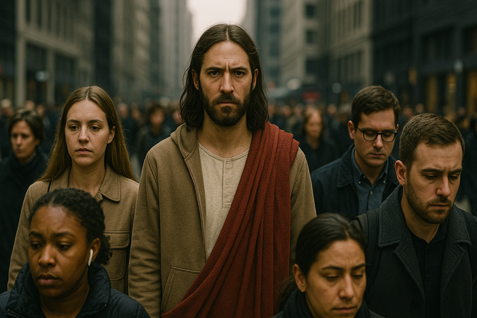 Jesus in a crowd, unnoticed.